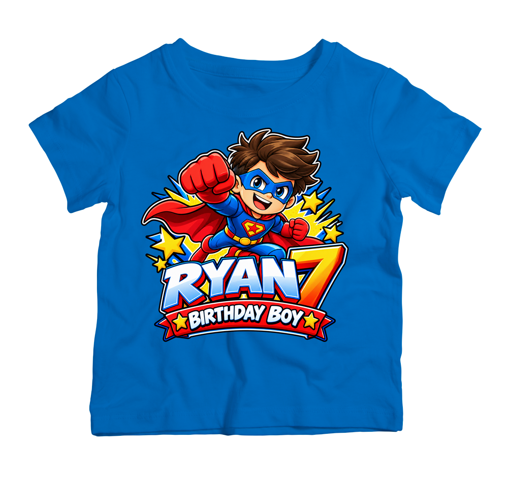 Superhero Birthday Boy personalised boys' birthday T-shirt design with blue and red superhero, number 7, stars and birthday graphics.