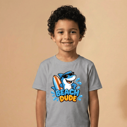 Boy wearing the Beach Dude kids T-shirt