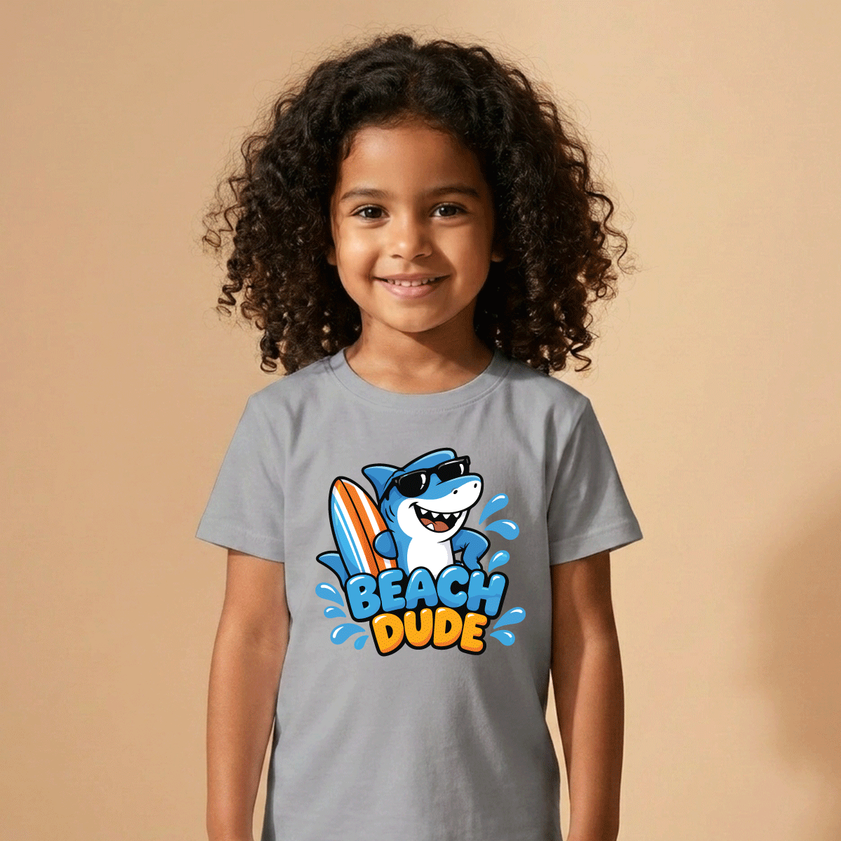 Girl wearing the Beach Dude kids T-shirt