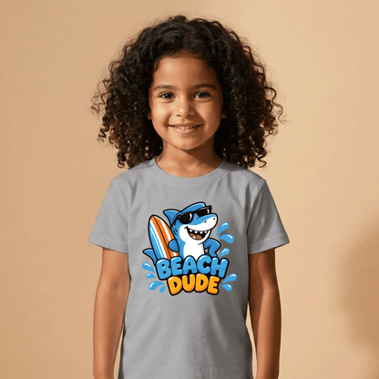 Girl wearing the Beach Dude kids T-shirt