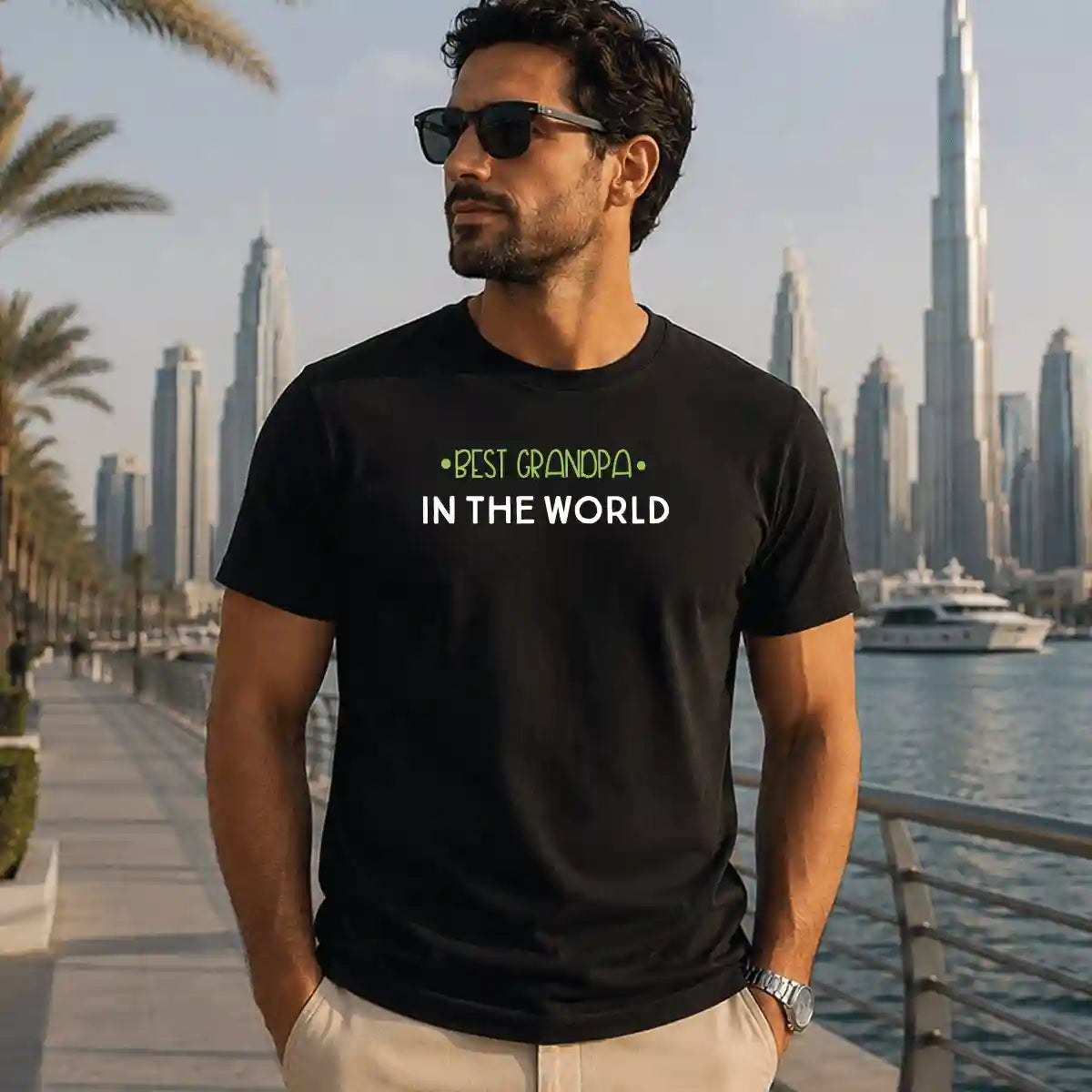 Man wearing black "Best Grandpa in the World" t-shirt, thoughtful grandpa gift, Father's Day apparel, Dubai UAE.