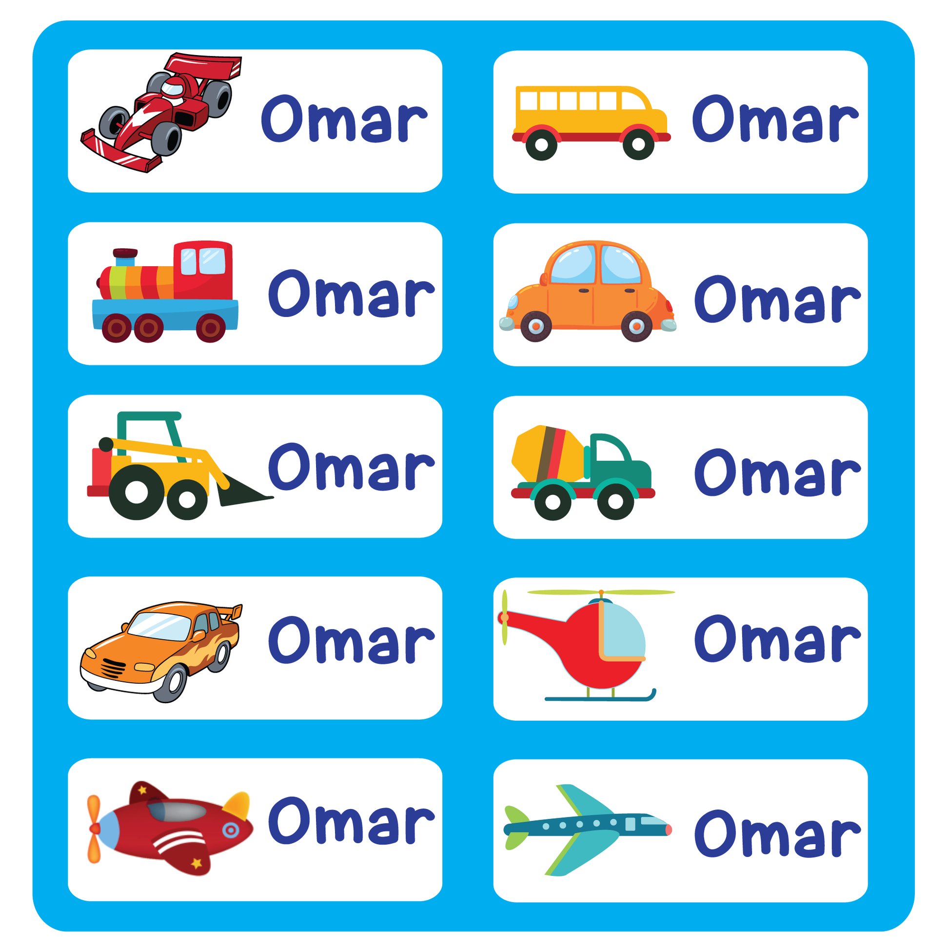 Cars school name labels for kids in UAE