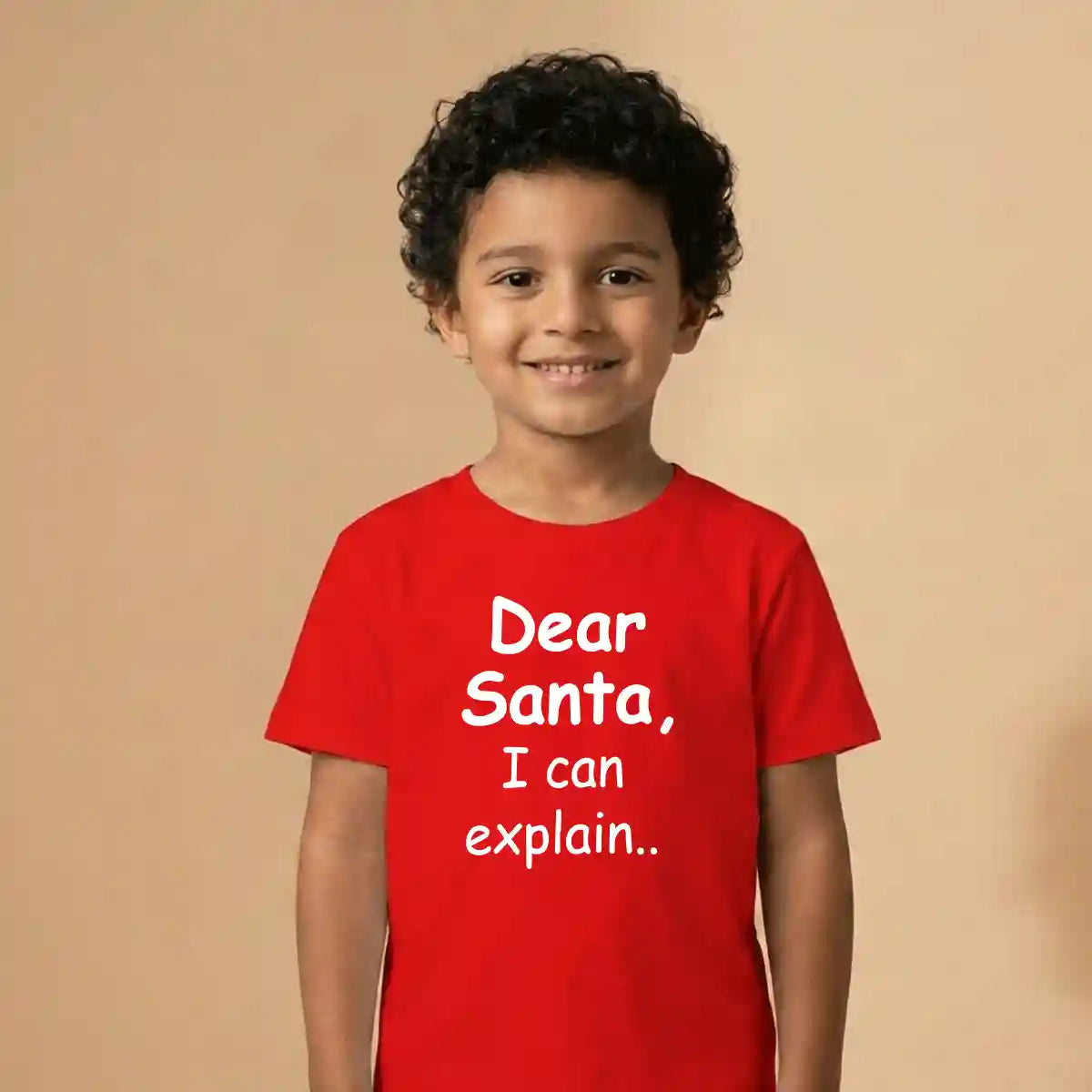 Model wearing Dear Santa I Can Explain Christmas T-Shirt festive holiday outfit for Christmas parties