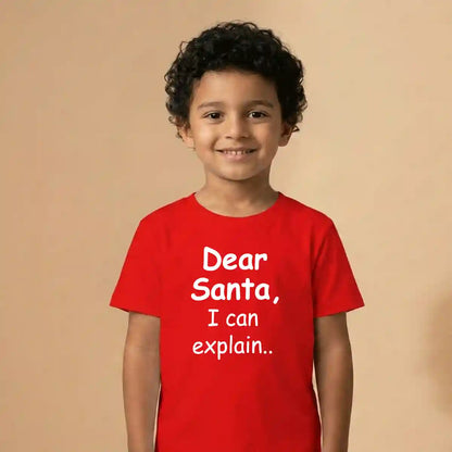Model wearing Dear Santa I Can Explain Christmas T-Shirt festive holiday outfit for Christmas parties