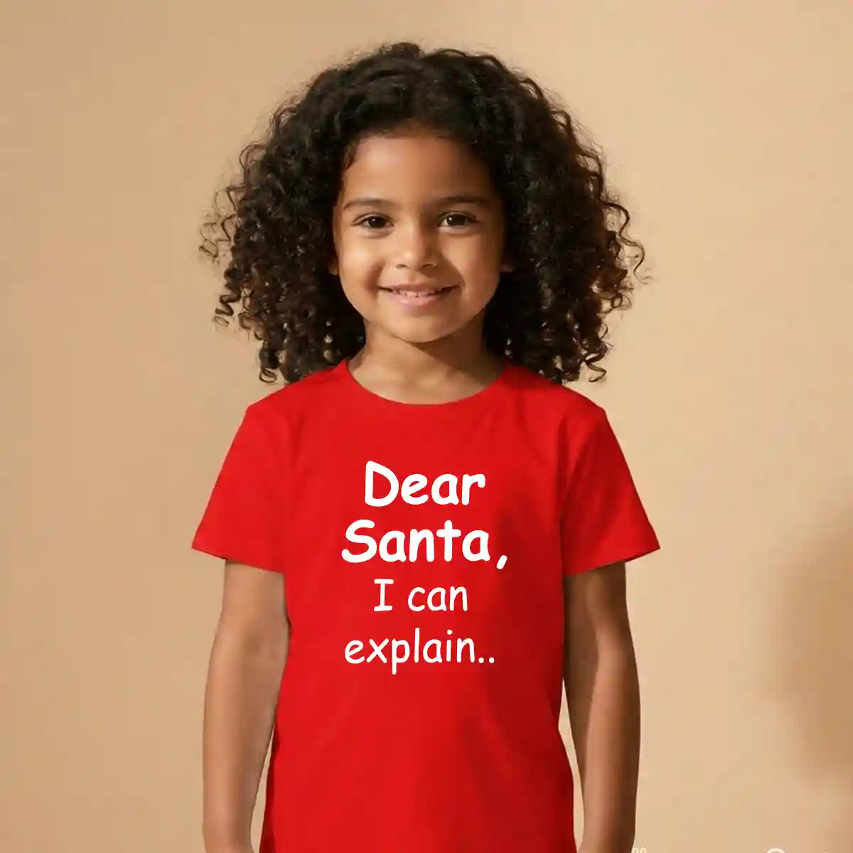 Close-up of Dear Santa I Can Explain Christmas T-Shirt print detail funny Christmas quote design