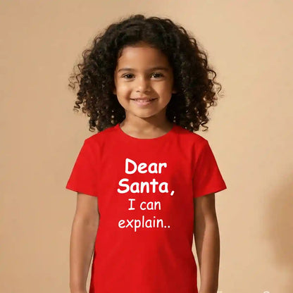 Close-up of Dear Santa I Can Explain Christmas T-Shirt print detail funny Christmas quote design