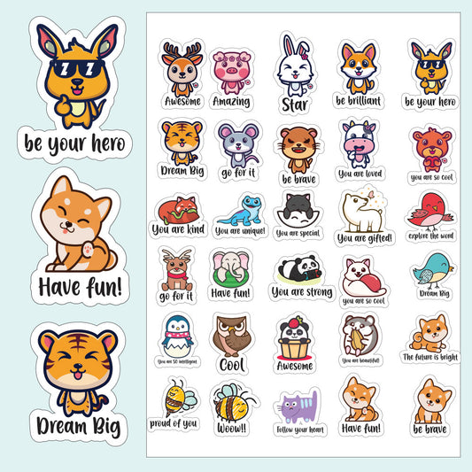 Waterproof Reward & Motivational Stickers - Cute Animals- 30pcs