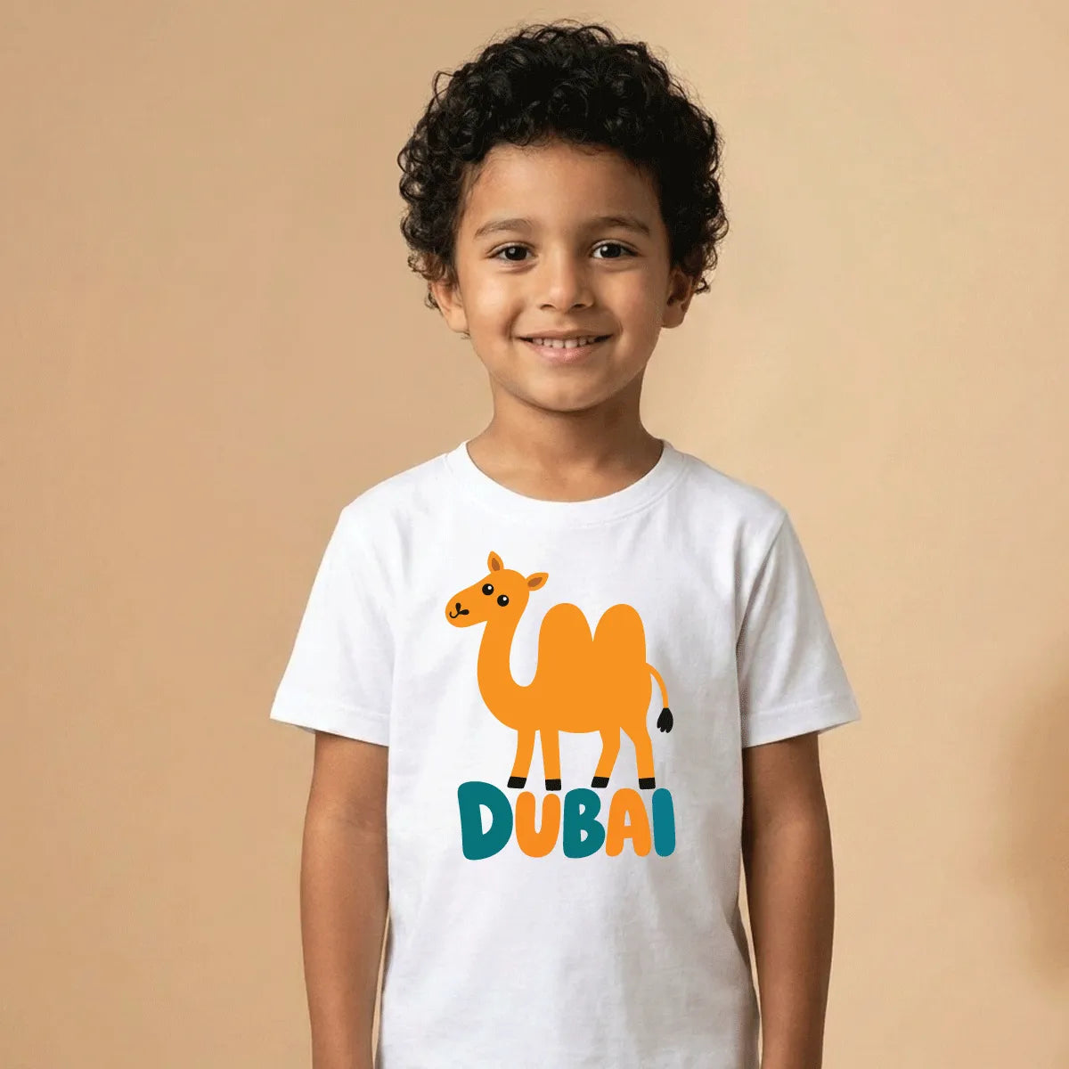 Kids wearing a Dubai camel graphic T-shirt in the UAE