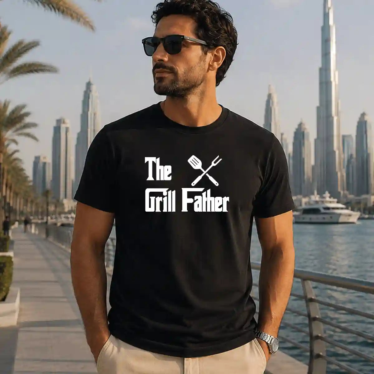 Man wearing black "The Grill Father" barbecue t-shirt with grilling utensils graphic, funny BBQ dad gift, Dubai UAE.