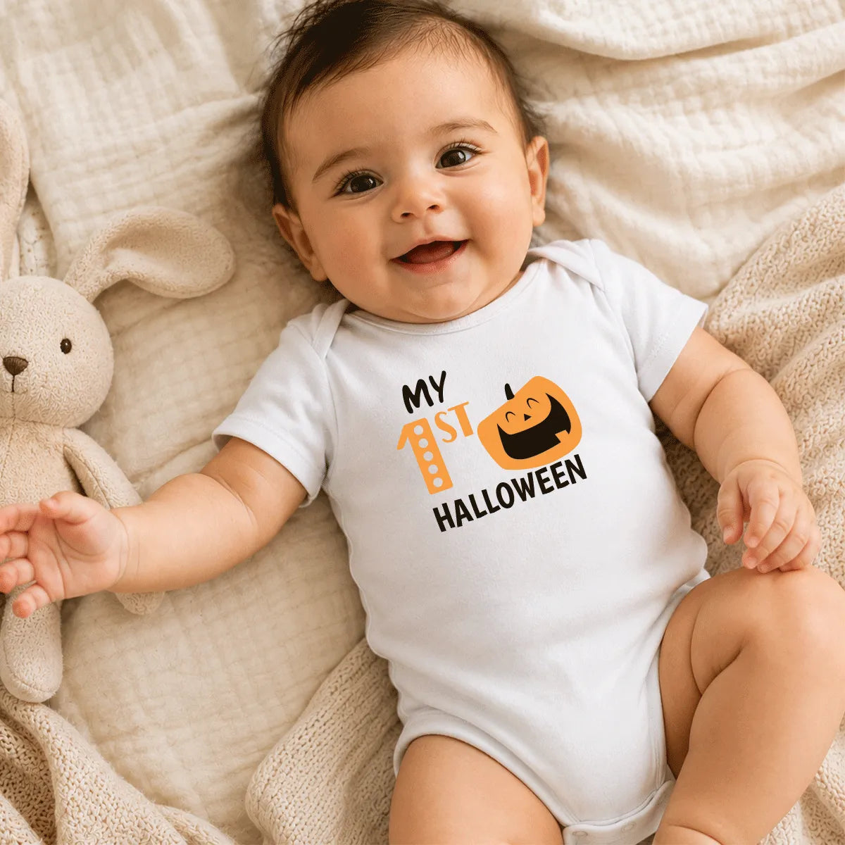 Close-up of My 1st Halloween baby bodysuit, breathable cotton outfit for babies, perfect for Halloween gifts, parties, and photos UAE