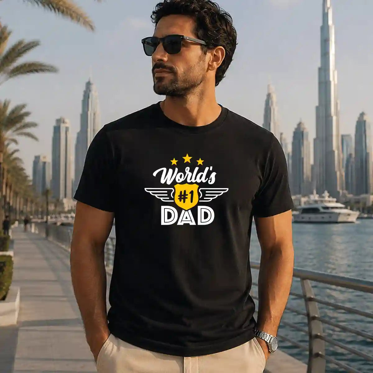 Black t-shirt featuring a bold “World’s #1 Dad” graphic print, comfortable cotton casual wear for fathers, perfect Father’s Day gift, dad appreciation outfit, and everyday wear in the UAE.