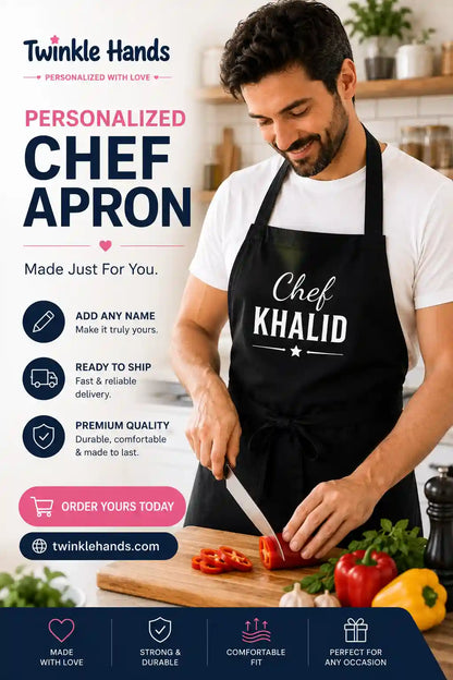 Personalised chef apron with custom name print for cooking, baking, BBQ and kitchen use in UAE