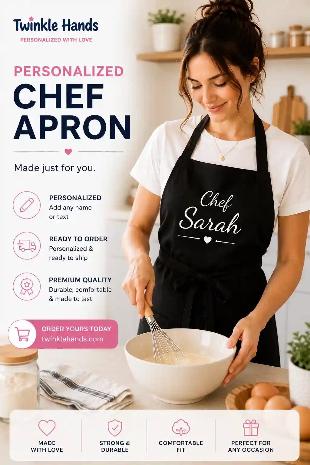 Custom name chef apron personalised for home cooks, bakers and BBQ lovers in Dubai and UAE.