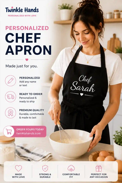 Custom name chef apron personalised for home cooks, bakers and BBQ lovers in Dubai and UAE.