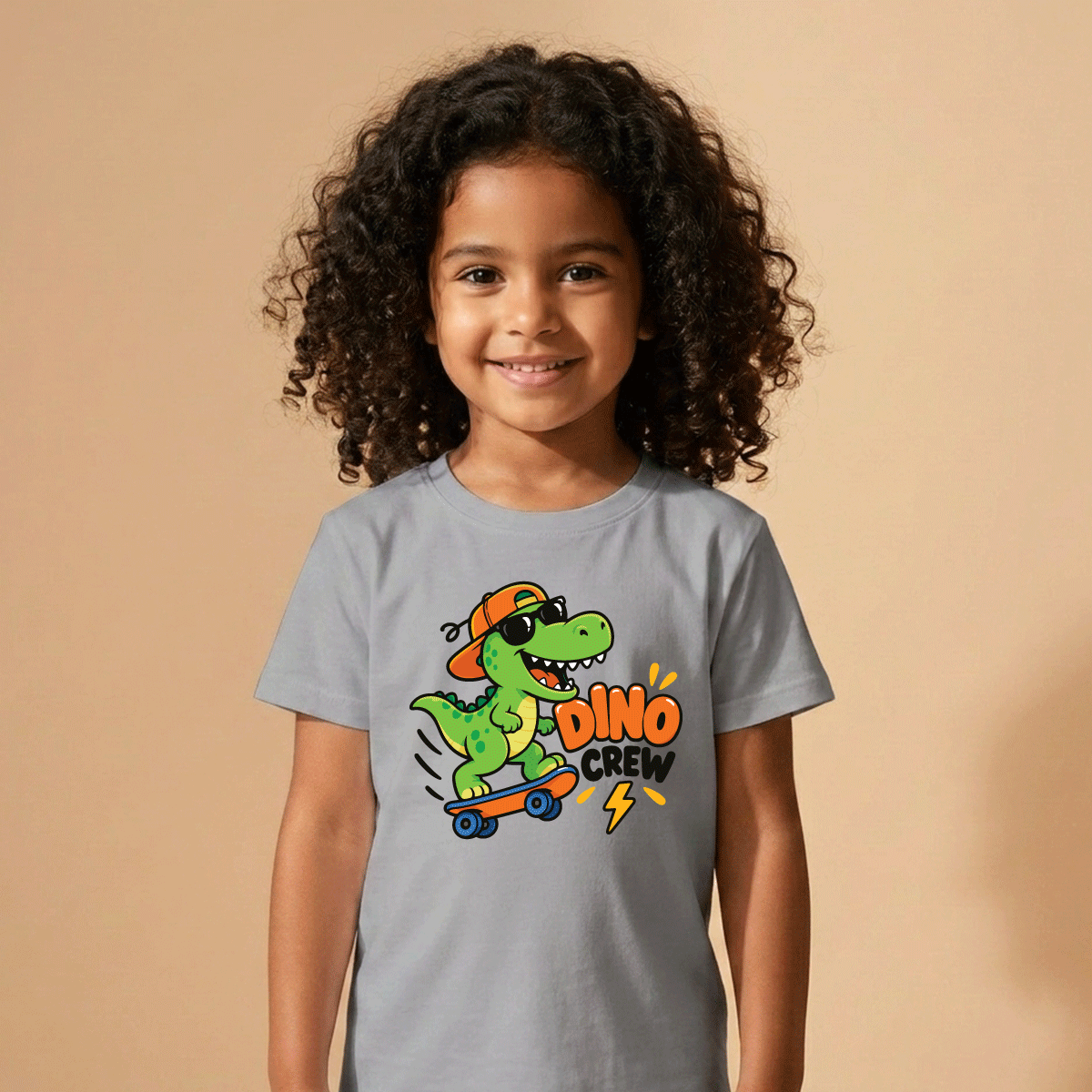 Girl modeling the Dino Crew dinosaur skateboard kids T-shirt