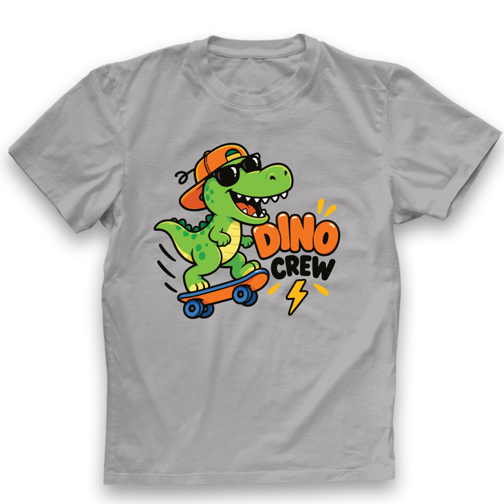Dino Crew kids T-shirt in grey with green dinosaur riding a skateboard