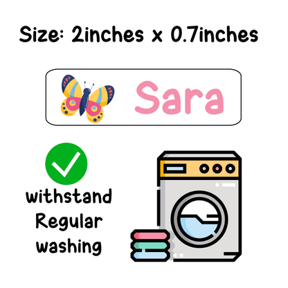 Close-up of iron-on name label being applied to kids clothing fabric, durable washable clothing tag for school uniforms