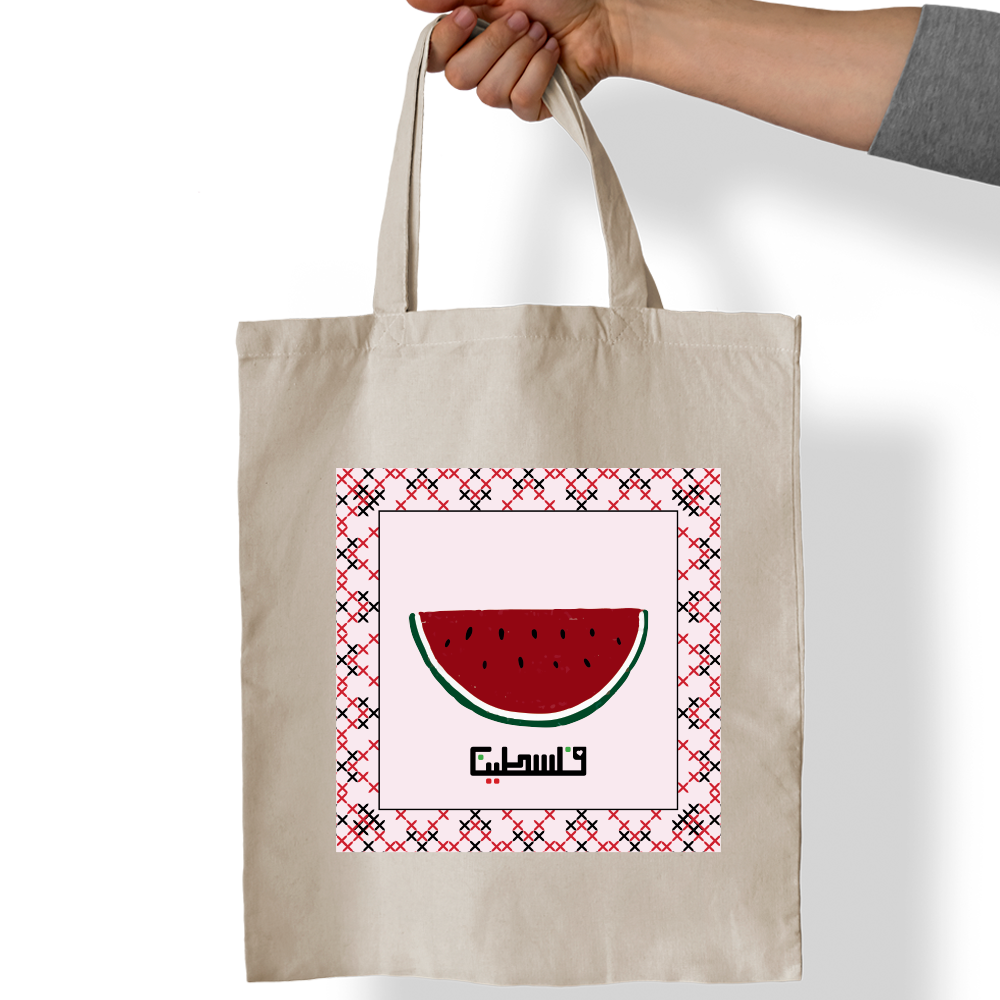 Palestine Watermelon tote bag UAE eco friendly cotton canvas bag with watermelon Palestine design by Twinkle Hands for daily use and shopping