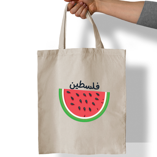 Palestine Watermelon tote bag UAE eco friendly cotton canvas bag with watermelon Palestine design by Twinkle Hands for daily use and shopping
