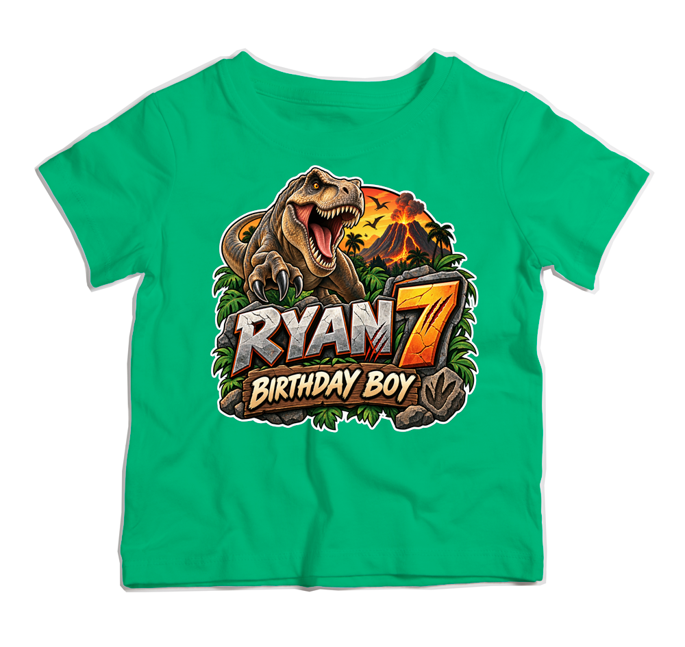 Personalised dinosaur birthday T-shirt for boys with T-Rex, name and age