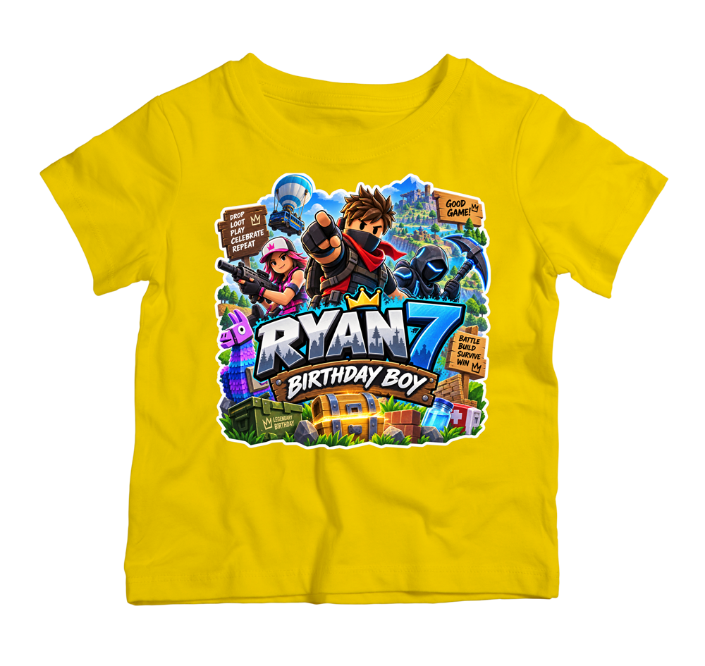 Personalised Fortnite-style birthday T-shirt for boys with gaming design, name and age