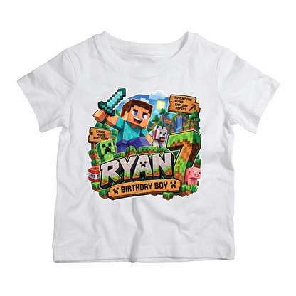 Personalised Minecraft birthday T-shirt for boys with pixel-style gaming characters, custom name and birthday age.
