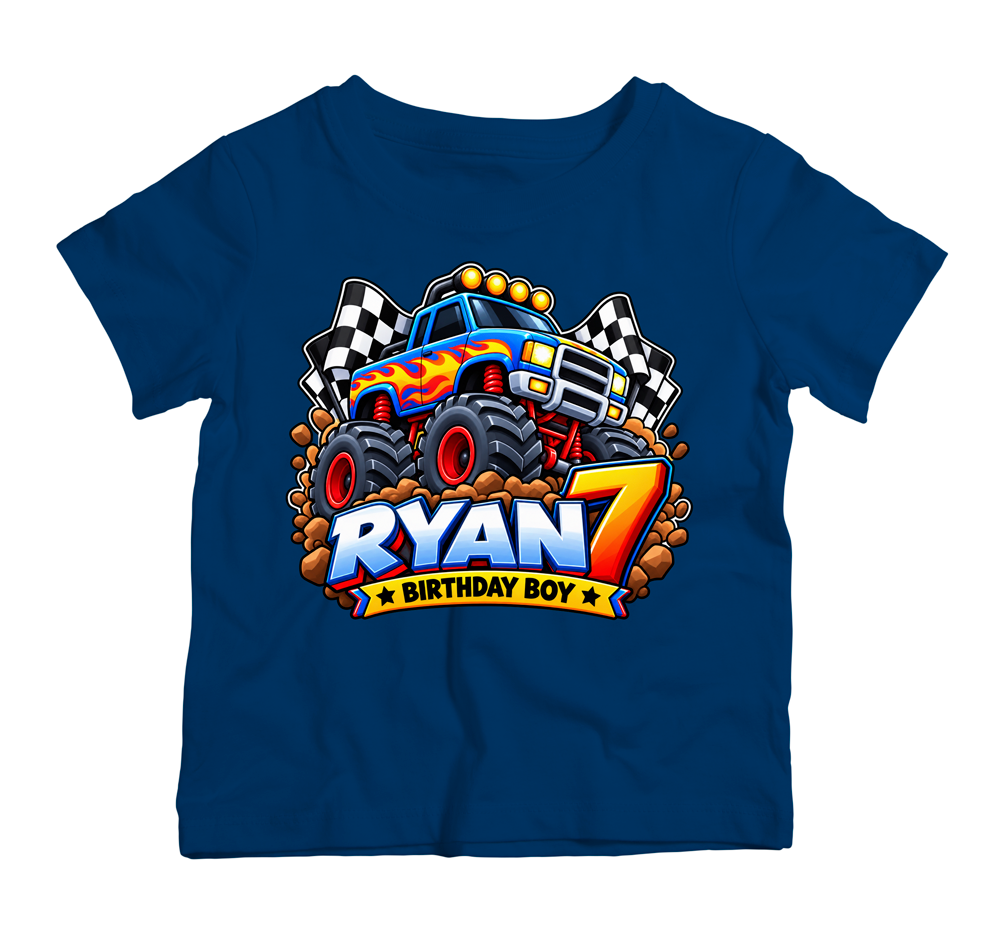 Personalised Monster Truck Birthday Boy T-Shirt Design for Boys – Custom Name and Age, Twinkle Hands UAE.