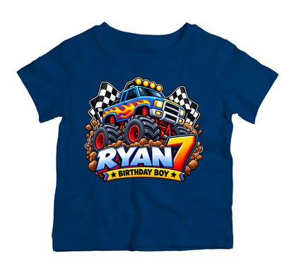 Personalised Monster Truck Birthday Boy T-Shirt Design for Boys – Custom Name and Age, Twinkle Hands UAE.