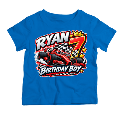 Personalised racing birthday T-shirt for boys with race car, name and age