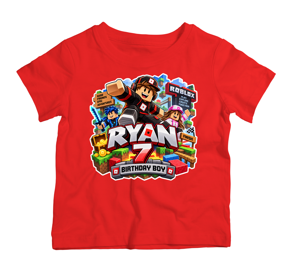 Personalised Roblox birthday T-shirt for boys with gaming characters, name and age