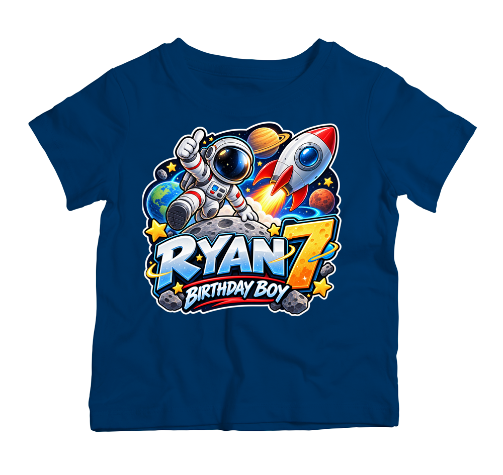 Personalised space birthday T-shirt for boys with astronaut, rocket, name and age