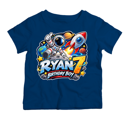 Personalised space birthday T-shirt for boys with astronaut, rocket, name and age