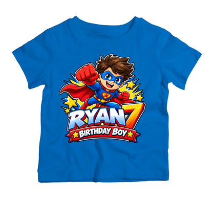 Superhero Birthday Boy personalised boys' birthday T-shirt design with blue and red superhero, number 7, stars and birthday graphics.