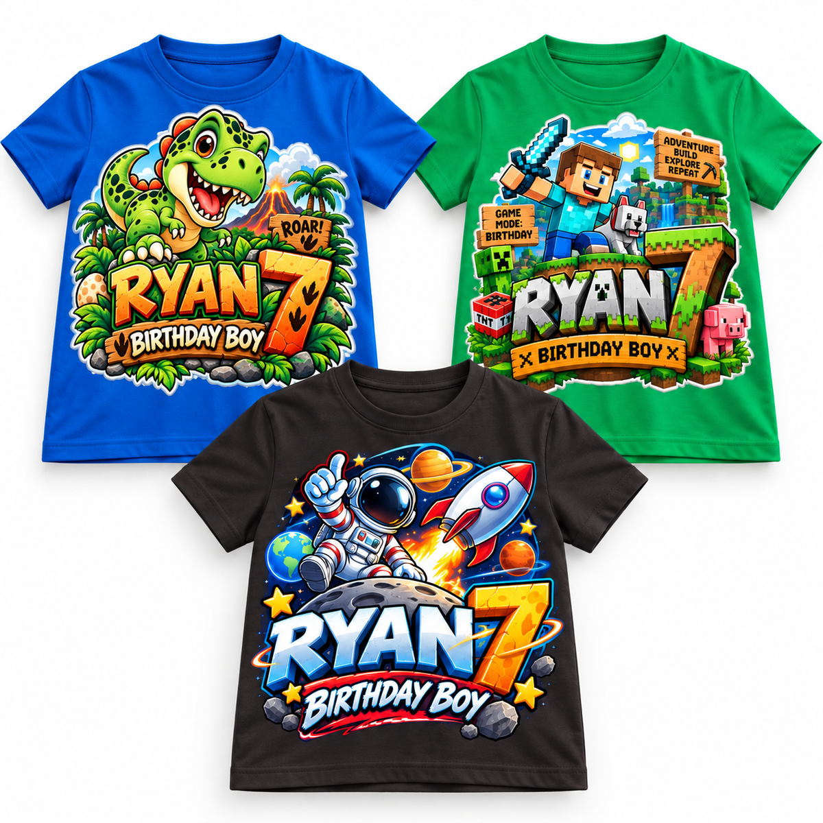 Personalised birthday T-shirts for boys in UAE with dinosaur, classic, space, racing car, gaming and football designs