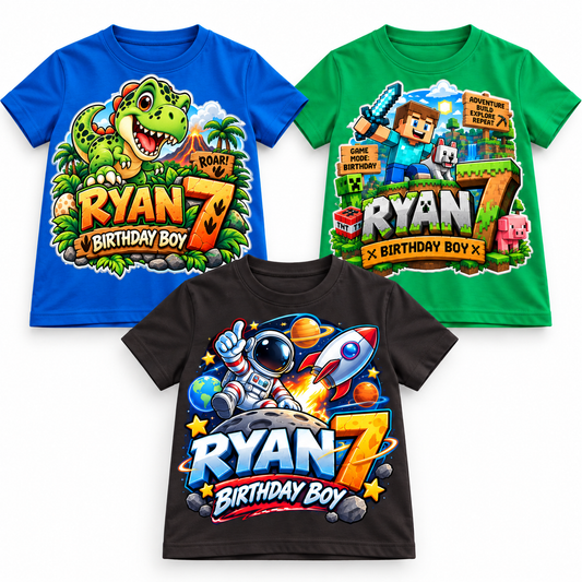 Personalised birthday T-shirts for boys in UAE with dinosaur, classic, space, racing car, gaming and football designs