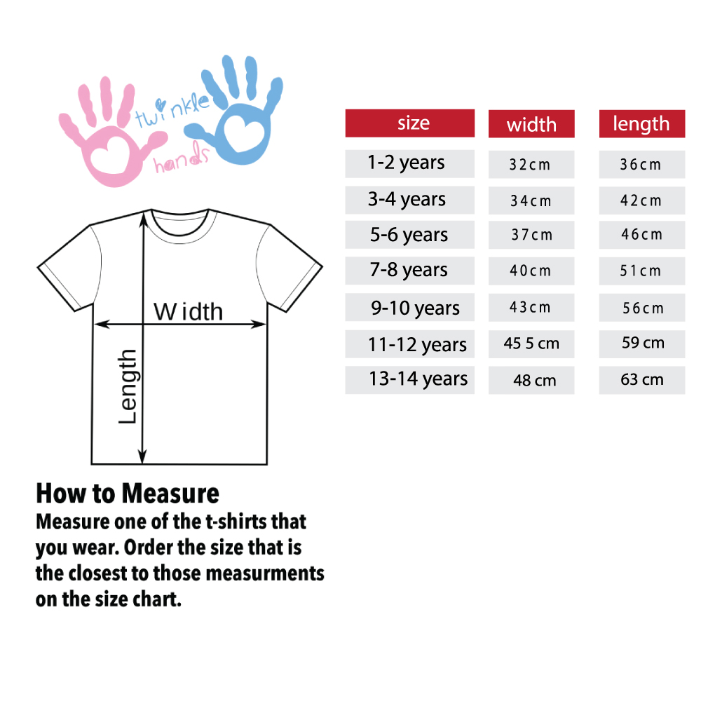 Twinkle Hands original kids T-shirt size chart with handprint logo, shirt measurement diagram, and size table