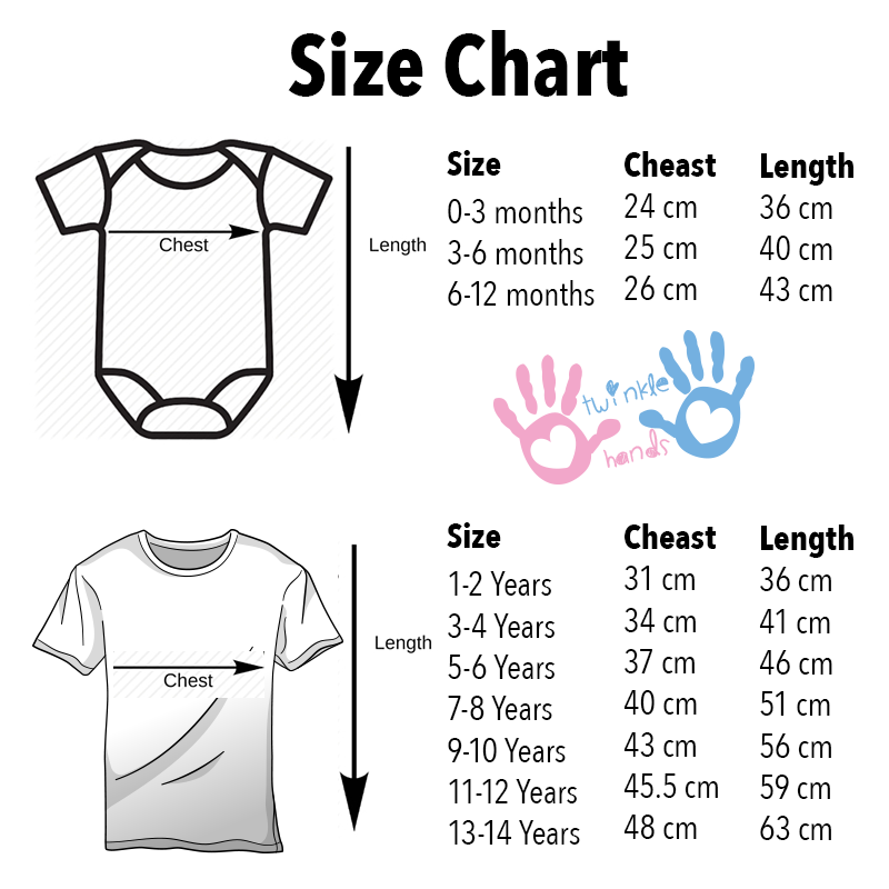 T-shirt size chart UAE showing measurements for chest, length, and fit guide