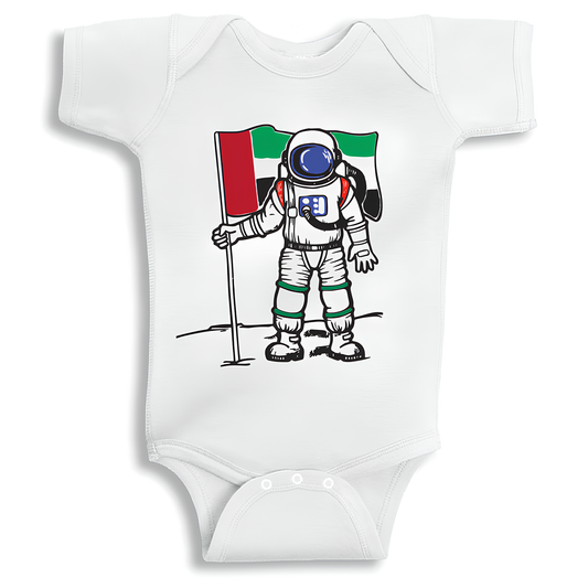 Astronaut UAE baby onesie soft cotton newborn bodysuit by Twinkle Hands, space themed baby outfit