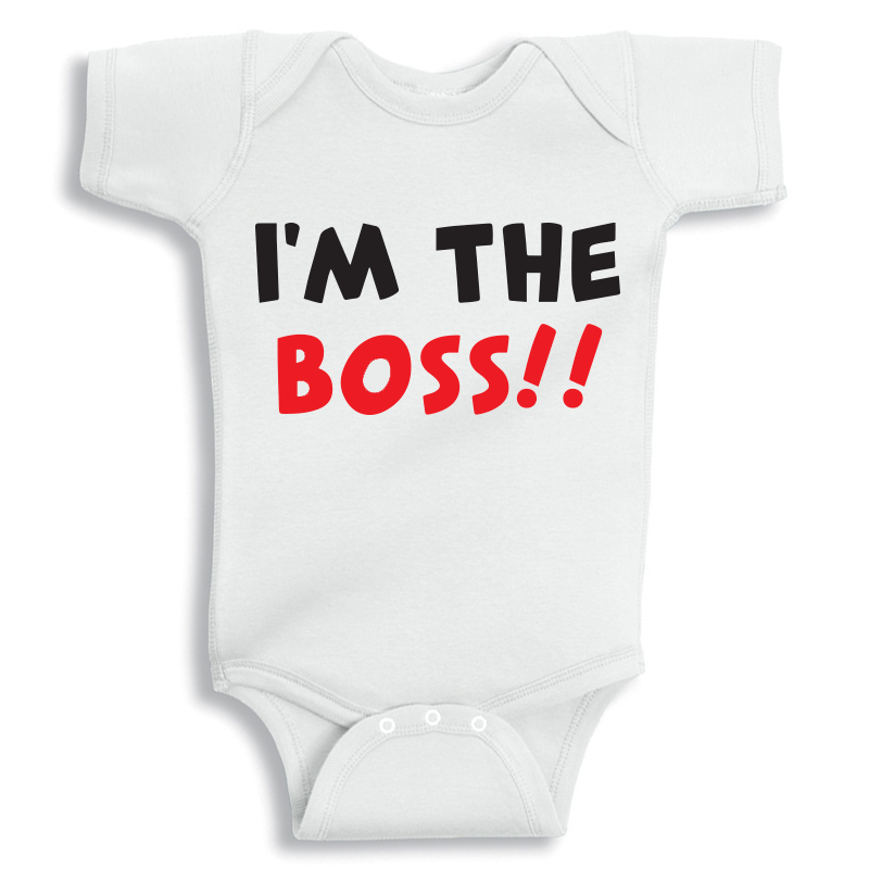 I Am The Boss baby onesie UAE soft cotton newborn bodysuit by Twinkle Hands, funny baby outfit