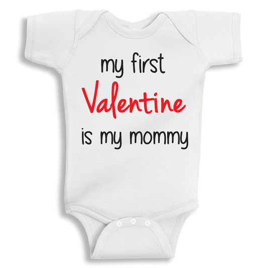 Baby onesie celebrating first Valentine with Mom, soft cotton newborn outfit for gifting, photoshoot and family memories