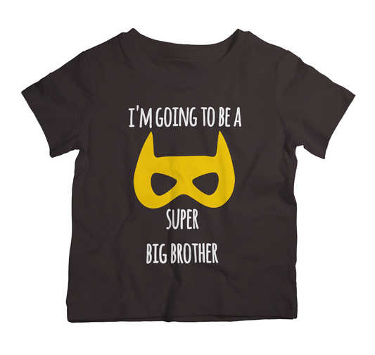 Black cotton T-shirt for kids with Super Big Brother design, soft comfortable outfit for announcement and family photos